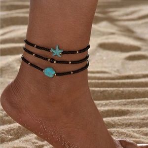 BLACK TURQUOISE STARFISH ANKLE BRACELET SET